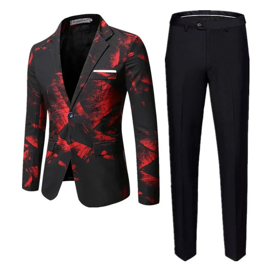 2023 New Men Business Social Suit 2 Piece Set Red / Blue Fashion Men's Ball Party Slim Fit Blazers Jacket and Pants